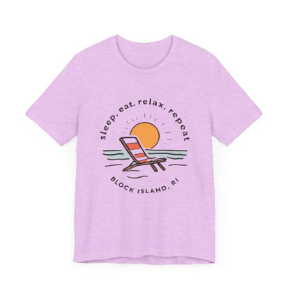 Lavender t-shirt featuring a beach graphic from Block Island Beach Vibes Unisex Tee
