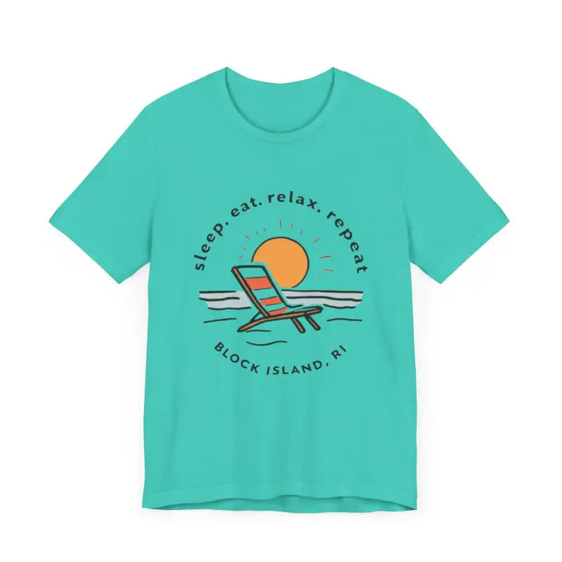 Turquoise t-shirt with beach design from Block Island Beach Vibes Unisex Tee collection