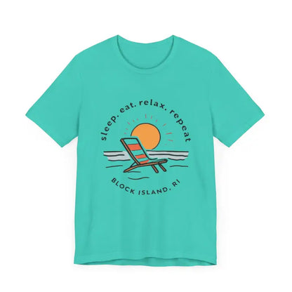 Turquoise t-shirt with beach design from Block Island Beach Vibes Unisex Tee collection