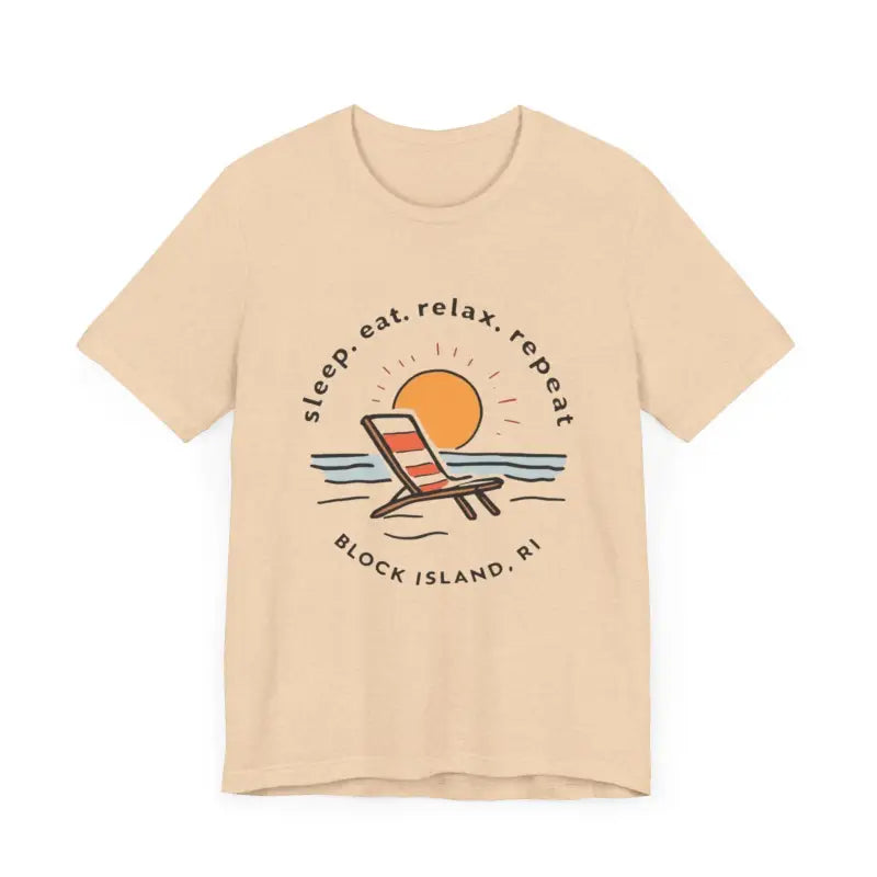 Beige Block Island Beach Vibes Unisex Tee featuring a beach scene graphic