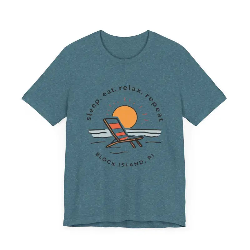 Blue t-shirt featuring beach graphic from Block Island Beach Vibes Unisex Tee