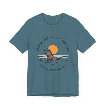 Blue t-shirt featuring beach graphic from Block Island Beach Vibes Unisex Tee