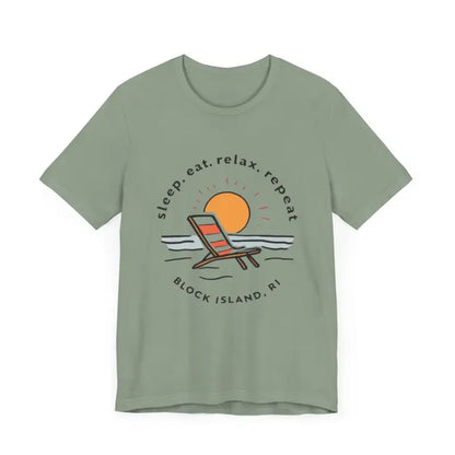 Green Block Island Beach Vibes Unisex Tee featuring a vibrant beach graphic