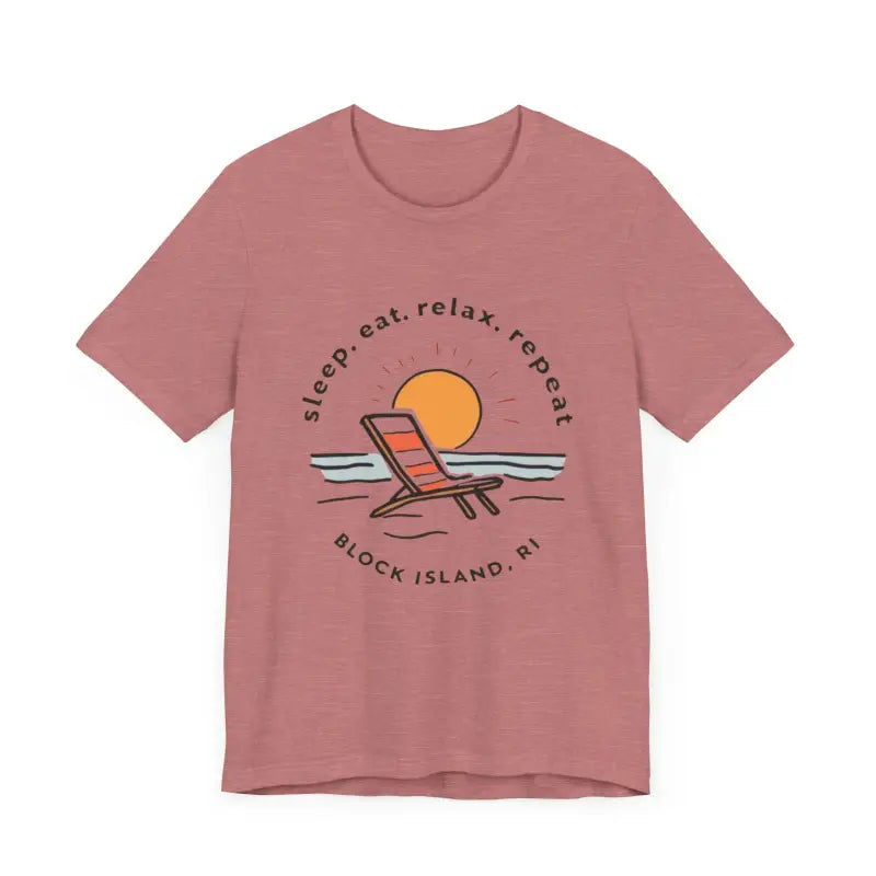 Mauve Block Island Beach Vibes Unisex Tee featuring a beach graphic design