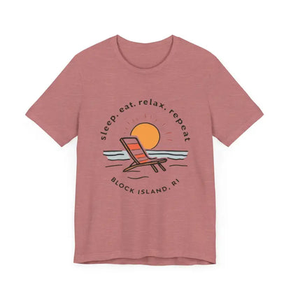 Mauve Block Island Beach Vibes Unisex Tee featuring a beach graphic design