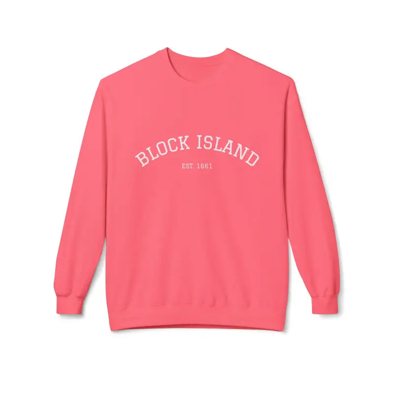 Coral pink crewneck sweatshirt from Block Island collection displayed on a model