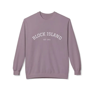 Long-sleeved purple crewneck sweatshirt with BLOCK ISLAND EST 1661 printed on the chest