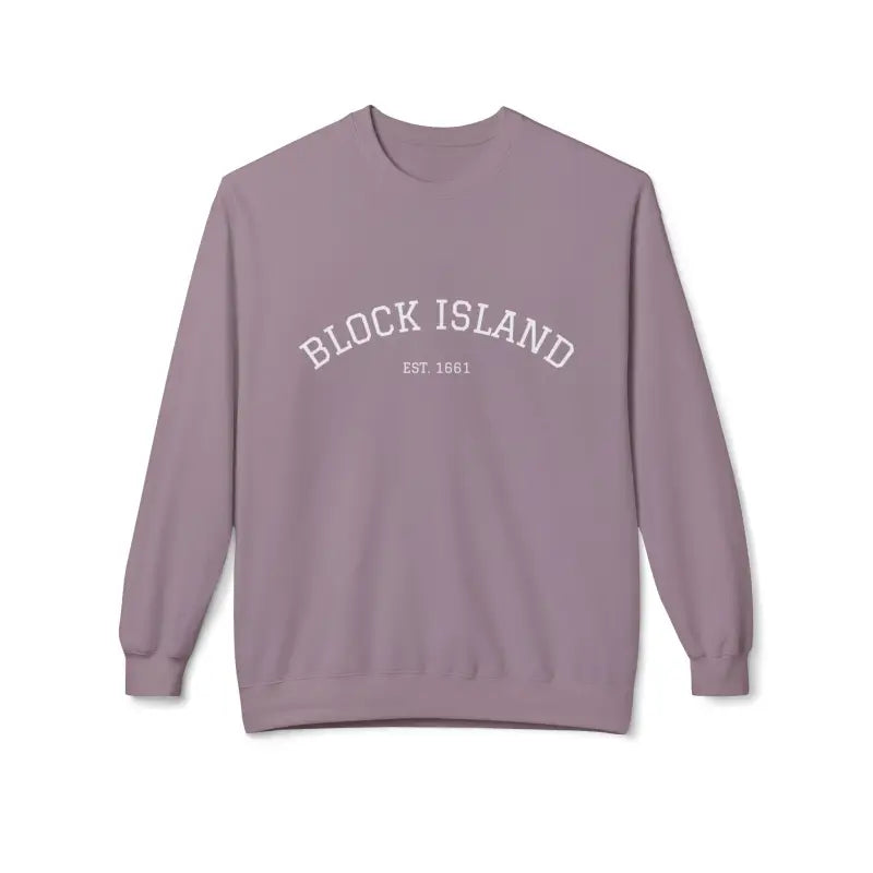 Long-sleeved purple crewneck sweatshirt with BLOCK ISLAND EST 1661 printed on the chest