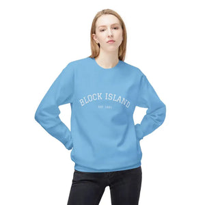Woman wearing light blue Block Island crewneck sweatshirt with EST 1661 text
