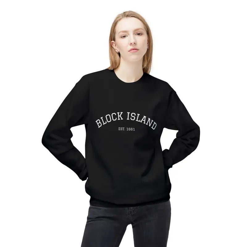 Black crewneck sweatshirt with white BLOCK ISLAND EST 1661 print, part of the collection