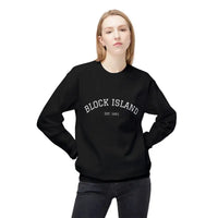 Black crewneck sweatshirt with white BLOCK ISLAND EST 1661 print, part of the collection
