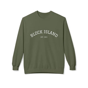 Olive green crewneck sweatshirt from Block Island collection in Coral Pink Beige and Light Blue