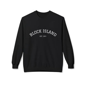 Black long-sleeve crewneck sweatshirt from Block Island collection in coral pink beige and light blue