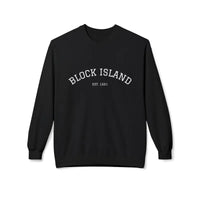 Black long-sleeve crewneck sweatshirt from Block Island collection in coral pink beige and light blue
