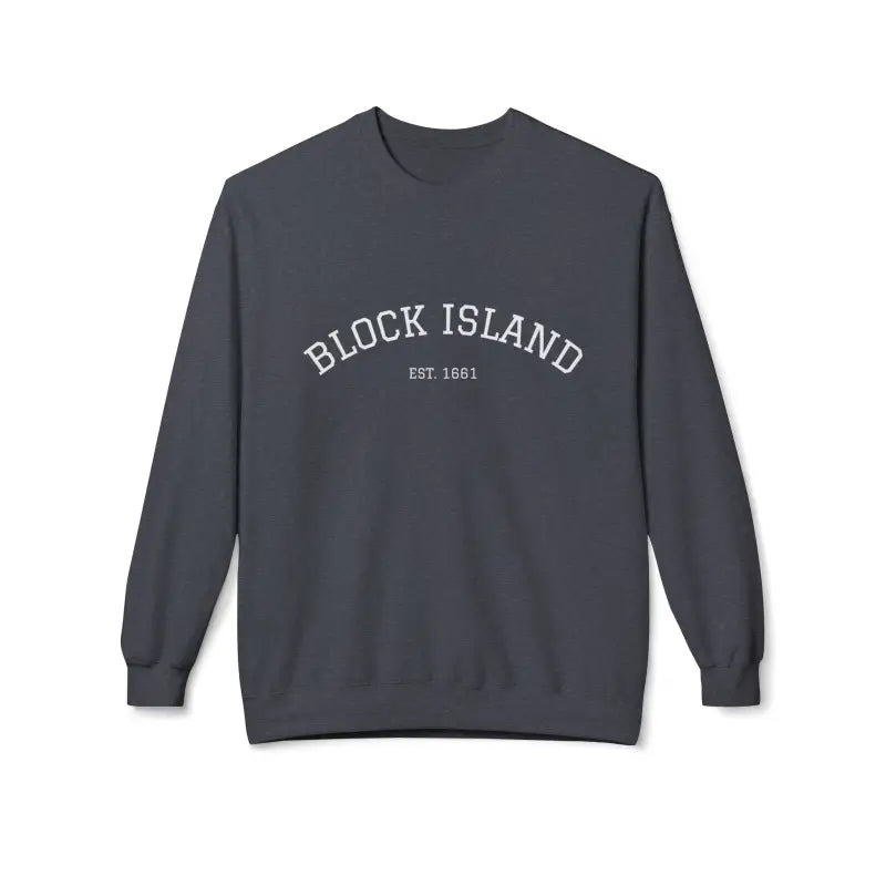 Dark gray crewneck sweatshirt with white BLOCK ISLAND EST 1661 text in the product collection