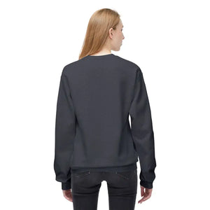 Woman wearing dark gray crewneck sweatshirt and dark pants from Block Island collection