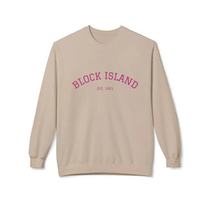 Beige long-sleeved crewneck sweatshirt with BLOCK ISLAND EST 1881 printed on the chest