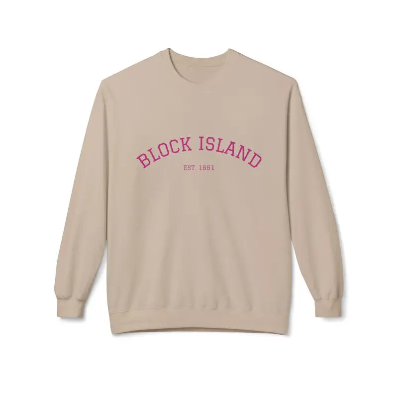 Beige long-sleeved crewneck sweatshirt with BLOCK ISLAND EST 1881 printed on the chest