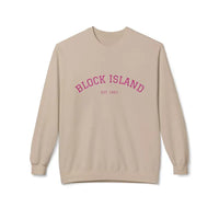 Beige long-sleeved crewneck sweatshirt with BLOCK ISLAND EST 1881 printed on the chest