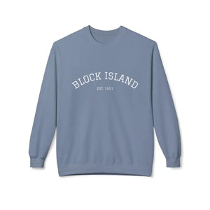 Light blue long-sleeved sweatshirt with BLOCK ISLAND EST 1661 printed on front