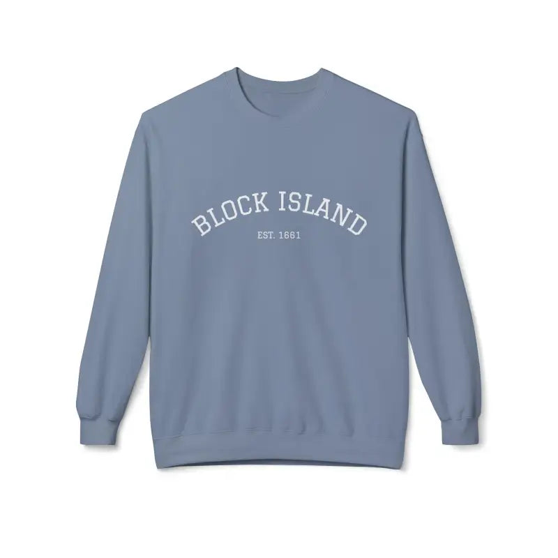 Light blue long-sleeved sweatshirt with BLOCK ISLAND EST 1661 printed on front
