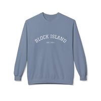 Light blue long-sleeved sweatshirt with BLOCK ISLAND EST 1661 printed on front