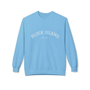Light blue crewneck sweatshirt from Block Island collection in coral pink beige and light blue