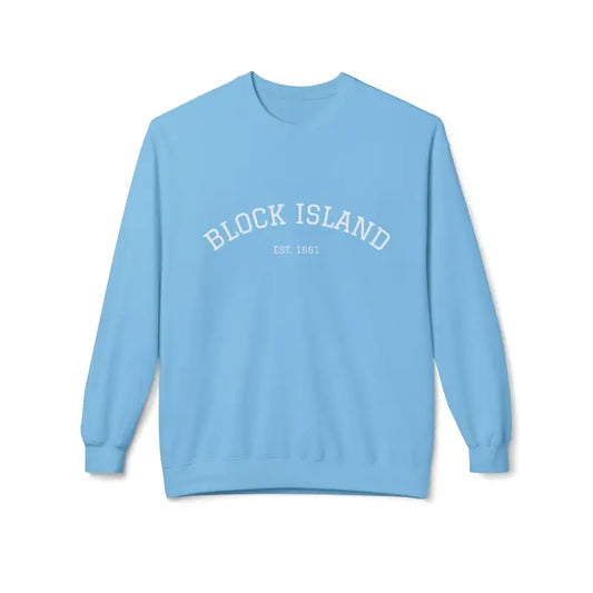 Light blue crewneck sweatshirt from Block Island collection in coral pink beige and light blue