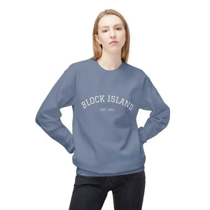 Faded blue Block Island crewneck sweatshirt with EST 1661 printed on front