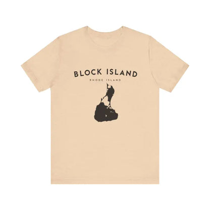Beige Block Island Jersey Tee showcasing a graphic design for coastal island enthusiasts