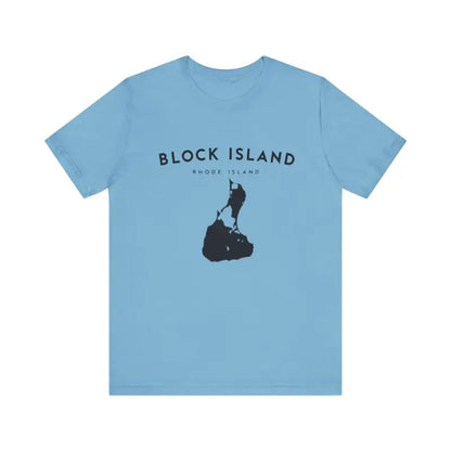 Light blue t-shirt featuring Block Island graphic in Block Island Jersey Tee design