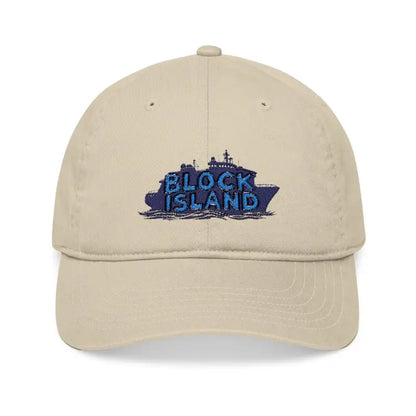 Khaki Block Island Embroidered Organic Baseball Cap with boat design