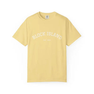 Yellow short-sleeved crewneck T-shirt with BLOCK ISLAND Est 1661 text for product display