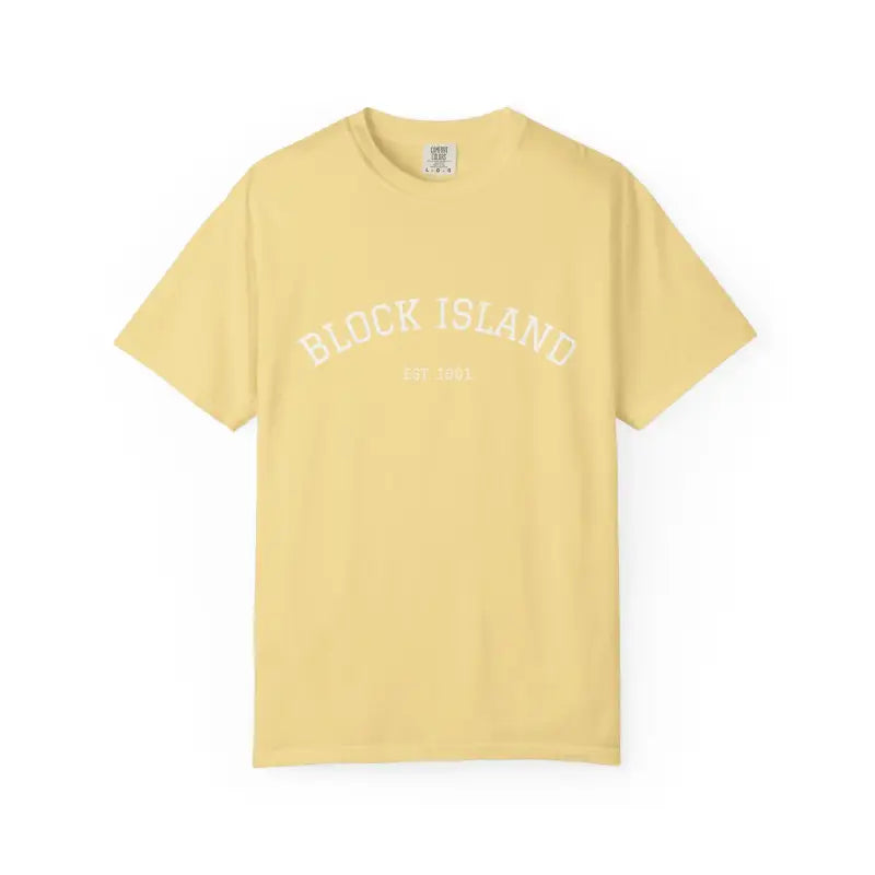 Yellow short-sleeved crewneck T-shirt with BLOCK ISLAND Est 1661 text for product display