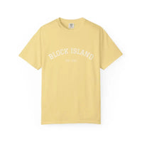 Yellow short-sleeved crewneck T-shirt with BLOCK ISLAND Est 1661 text for product display