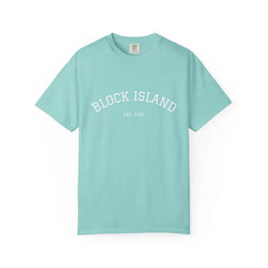 Mint green Block Island Est 1661 short sleeve crewneck T shirt with printed chest design