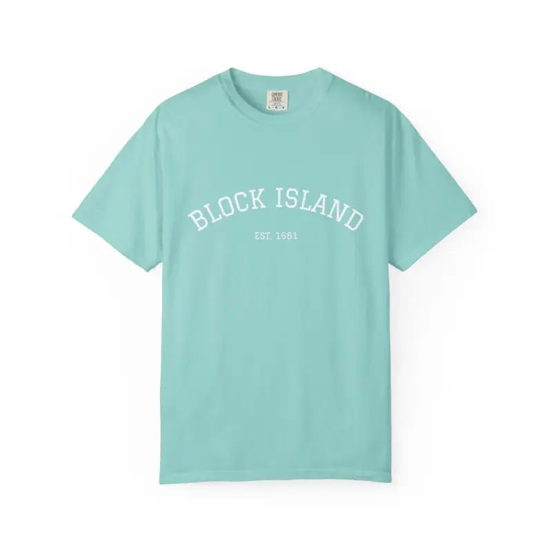 Mint green Block Island Est 1661 short sleeve crewneck T shirt with printed chest design