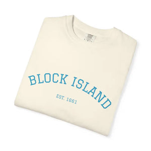 Cream-colored crewneck T-shirt with BLOCK ISLAND EST 1661 in blue text