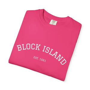 Folded hot pink Block Island EST 1661 short sleeve crewneck T-shirt with graphic design