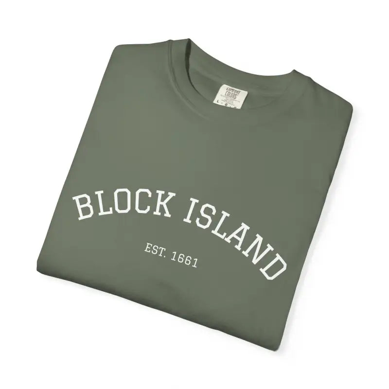 Olive green Block Island Est 1661 short sleeve crewneck t-shirt with white print