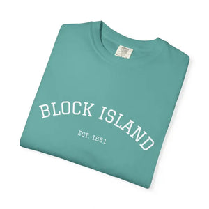 Folded teal Block Island Est 1661 short sleeved crewneck T shirt for men