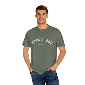 Man wearing green Block Island Est 1661 short-sleeved crewneck T shirt and blue jeans
