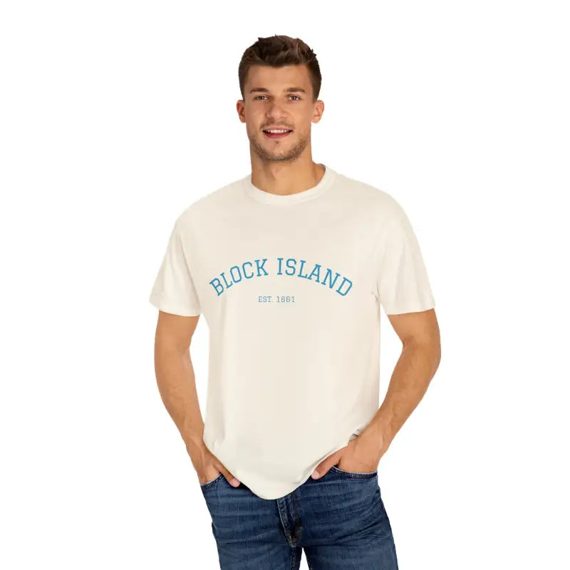 Man wearing white T-shirt and blue jeans for Block Island Est 1661 Short Sleeve Crewneck T Shirt