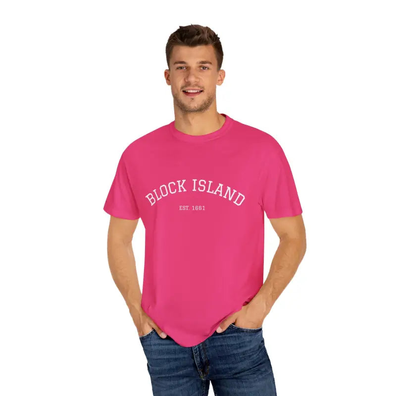 Men’s hot pink crewneck T-shirt with BLOCK ISLAND EST 1661 printed on front