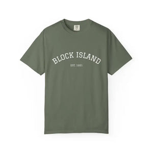Olive green short-sleeve crewneck T-shirt with BLOCK ISLAND EST 1661 printed on the chest
