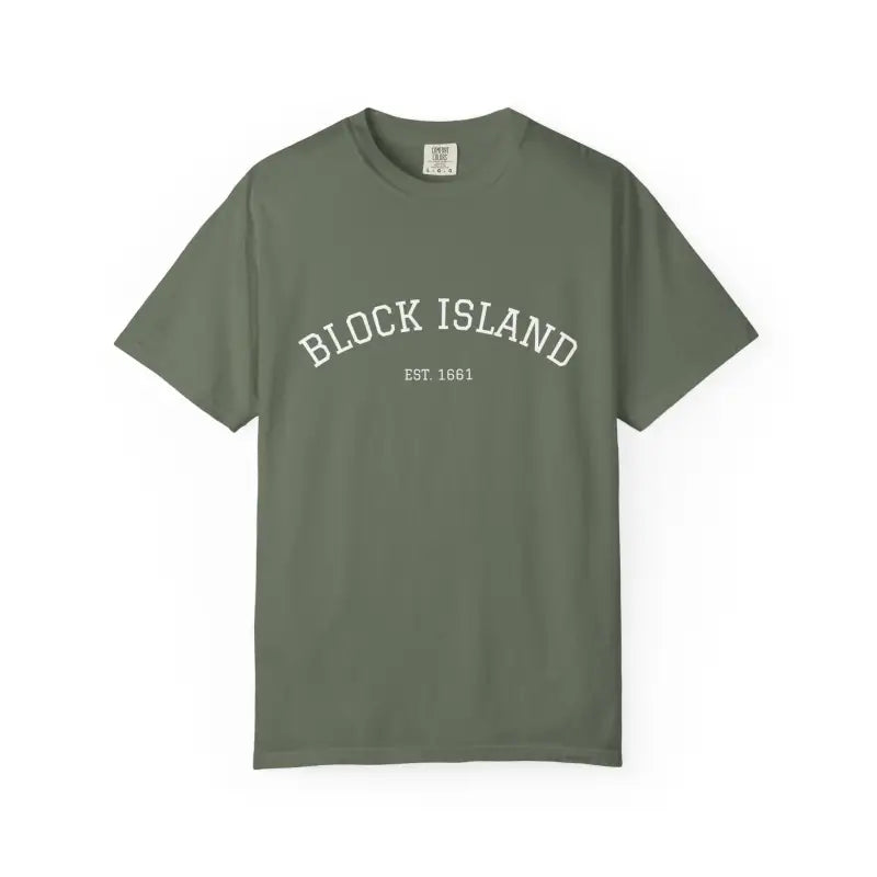 Olive green short-sleeve crewneck T-shirt with BLOCK ISLAND EST 1661 printed on the chest