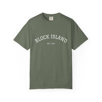 Olive green short-sleeve crewneck T-shirt with BLOCK ISLAND EST 1661 printed on the chest