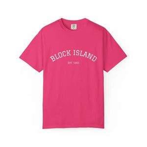 Pink crew-neck T-shirt with BLOCK ISLAND EST 1661 printed on the front