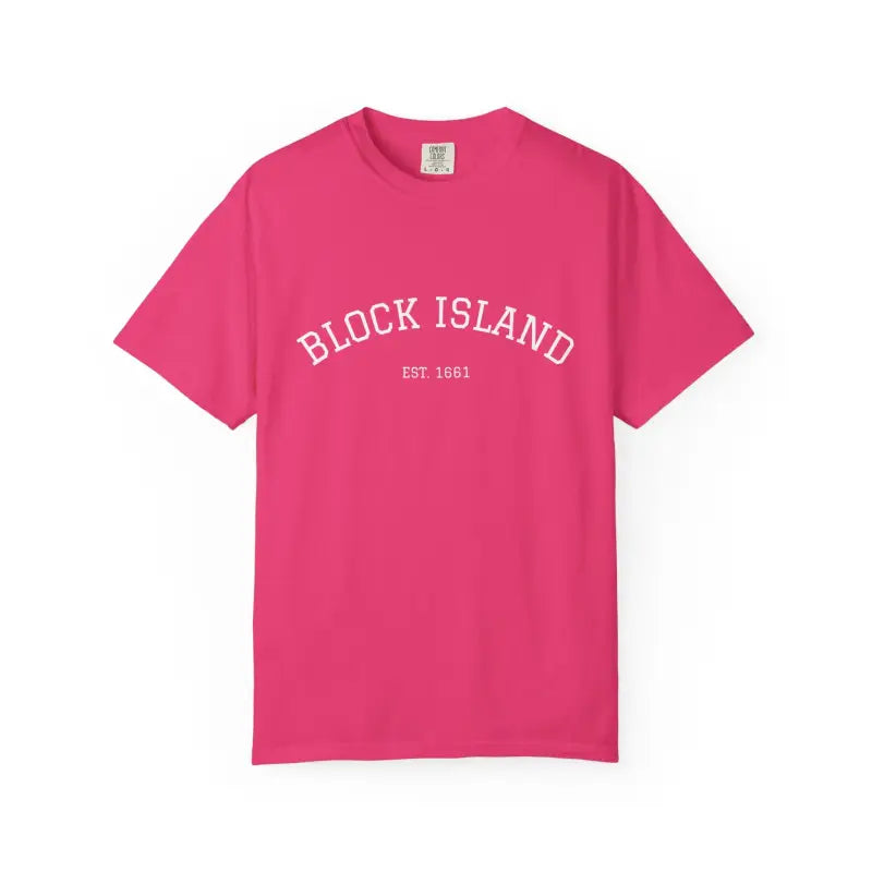 Pink crew-neck T-shirt with BLOCK ISLAND EST 1661 printed on the front