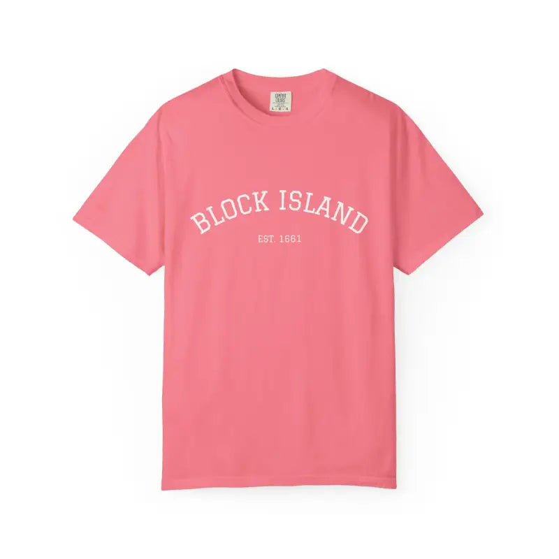 Pink short-sleeve crewneck T-shirt with BLOCK ISLAND EST 1961 printed on front